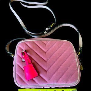 J Crew pink velour bag. Lined.  With leather shoulder strap and lock